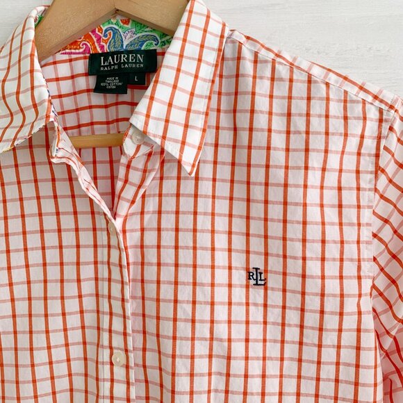 Lauren Ralph Lauren LRL logo orange plaid long sleeve cotton button up shirt, L - Picture 2 of 5